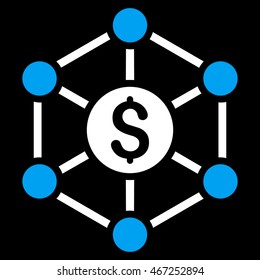 Financial Radial Scheme icon. Vector style is bicolor flat iconic symbol with rounded angles, blue and white colors, black background.