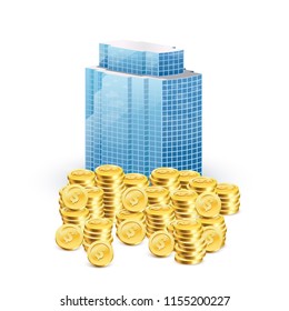 Financial real estate, gold coins and Biznec Center. Vector illustration