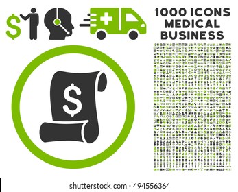 Financial Receipt Roll icon with 1000 medical commercial eco green and gray vector pictographs. Set style is flat bicolor symbols, white background.