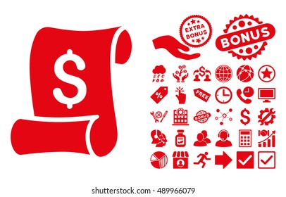 Financial Receipt Roll icon with bonus pictures. Vector illustration style is flat iconic symbols, red color, white background.