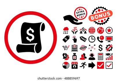 Financial Receipt Roll pictograph with bonus pictograph collection. Vector illustration style is flat iconic bicolor symbols, intensive red and black colors, white background.