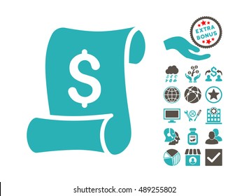 Financial Receipt Roll pictograph with bonus pictogram. Vector illustration style is flat iconic bicolor symbols, grey and cyan colors, white background.