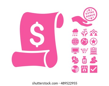 Financial Receipt Roll pictograph with bonus images. Vector illustration style is flat iconic symbols, pink color, white background.