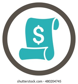 Financial Receipt Roll vector bicolor rounded icon. Image style is a flat icon symbol inside a circle, grey and cyan colors, white background.