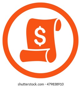 Financial Receipt Roll vector rounded icon. Image style is a flat icon symbol inside a circle, orange color, white background.