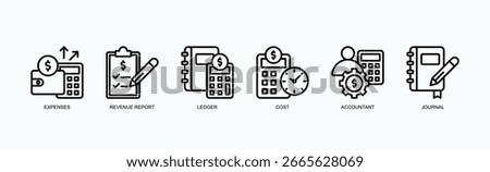 Financial Records Icon Set Isolated Vector Illustration Concept With Icon Of Expenses, Revenue Report, Ledger, Cost, Accountant, Journal, In Outline Style