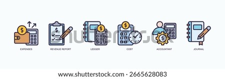 Financial Records Icon Set Isolated Vector Illustration Concept With Icon Of Expenses, Revenue Report, Ledger, Cost, Accountant, Journal, In Outline Color Style