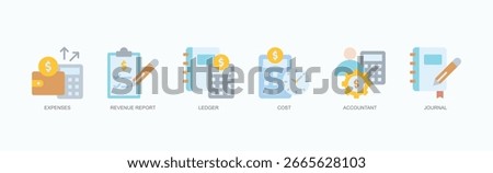 Financial Records Icon Set Isolated Vector Illustration Concept With Icon Of Expenses, Revenue Report, Ledger, Cost, Accountant, Journal, In Flat Style