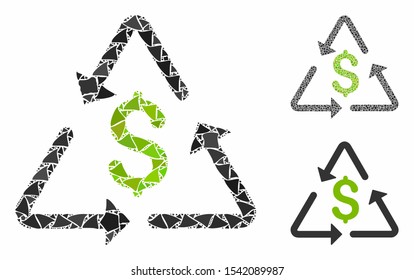 Financial recycling composition of ragged pieces in various sizes and color hues, based on financial recycling icon. Vector uneven pieces are combined into composition.