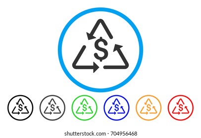 Financial Recycling vector rounded icon. Image style is a flat gray icon symbol inside a blue circle. Additional color versions are gray, black, blue, green, red, orange.