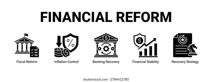 Financial Reform web banner icon concept, with Fiscal Reform, Inflation Control, Banking Recovery, Financial Stability.
