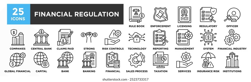 Conjunto de coleta de ícones do Regulamento Financeiro. Contendo negócios de design, lei, regulamentação, legal, finanças