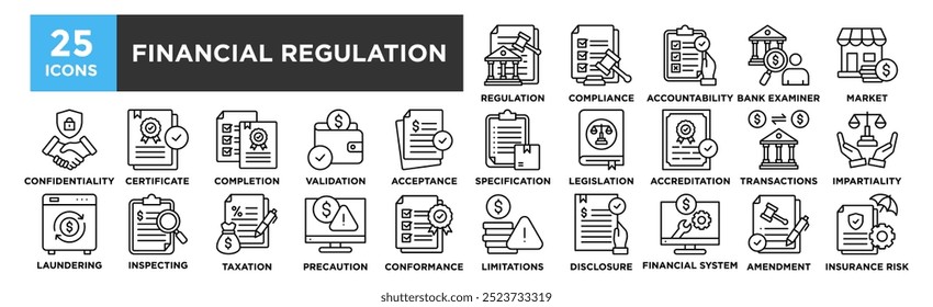Conjunto de coleta de ícones do Regulamento Financeiro. Contendo negócios de design, lei, regulamentação, legal, finanças