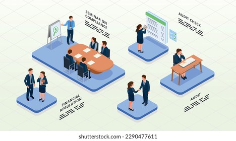 Financial regulation isometric concept with bank audit and compliance symbols vector illustration