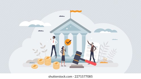 Financial regulation as principles for EU budget tiny person concept. Banking management with government standards for money organization vector illustration. Establishment, implementation and control