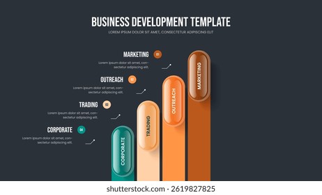 Financial Report 4 Step Infographic Slide Layout. Advertising Solution Frame Design Vector Illustration. Visual Overview Four Option Diagram Slideshow Template.