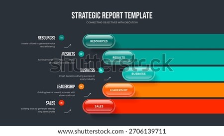 Financial Report 5 Step Infographic Slideshow Design. Advertising Development Five Option Diagram Slide Layout. Consulting Overview Presentation Template Vector Illustration.