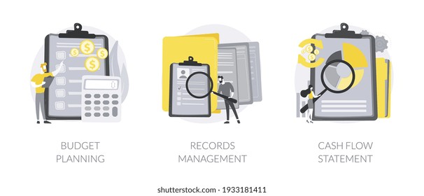 Financial Report Abstract Concept Vector Illustration Set. Budget Planning, Records Management, Cash Flow Statement, Money Spending, Document Tracking, Balance Sheet, Company Debt Abstract Metaphor.