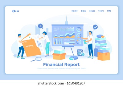 Financial Report. Accounting, analysis, audit, statement, results. The auditor checks the documents of the company. Financial reporting team prepares the annual financial statements. landing web page