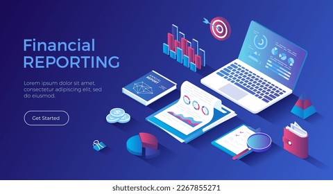 Financial report. Analytics, analysis, audit, results, research. Documents, reports, graphs and charts. Isometric landing page. Vector web banner.	
