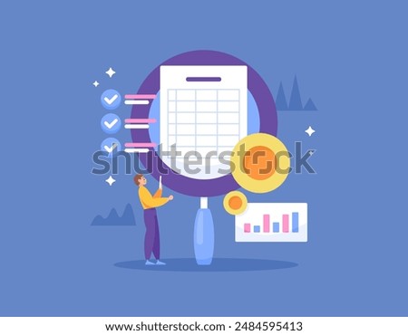 financial report audit concept. evaluate and examine business financial transactions. illustration of an accountant analyzing data and financial report documents. flat style design. graphic elements