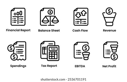 Ícone do balanço do relatório financeiro conjunto ilustração símbolo coleção ilustração do fluxo de caixa demonstração financeira EBITDA lucro líquido