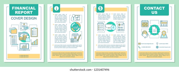 Financial report brochure template layout. Financing. Accounting and invoicing. Funding. Flyer, booklet, leaflet print design with linear illustrations. Vector page layouts for magazines, posters