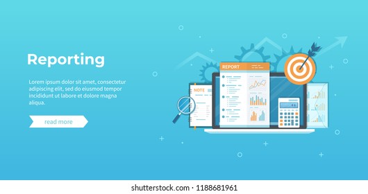 Financial report, business results, auditing, analysis. Laptop, documents, graphics, charts, notebook, calculator, magnifying glass, report, target. Vector illustration, conceptual banner 