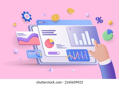 Financial report chart concept 3D illustration. Icon composition with dashboard with charts and graphs. Business analytics, accounting, budget calculating. Vector illustration for modern web design