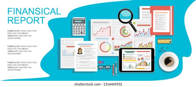  financial report with charts. Full of business papers. Auditing, tax process, accounting voncept. Vector illustration in flat style