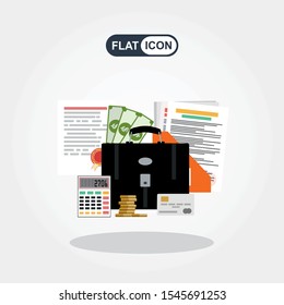 financial report with charts. Full of business papers. Auditing, tax process, accounting voncept. Vector illustration in flat style