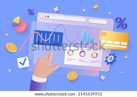 Financial report concept 3D illustration. Icon composition with dashboard with data charts, graphs, diagrams and credit card. Business analytics, accounting. Vector illustration for modern web design