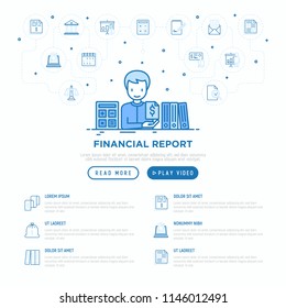 Financial report concept: accountant with calculator and financial documents in folders. Modern vector illustration, web page template.