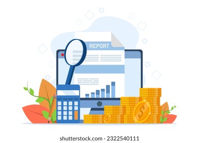 financial report concept. Accounting, analysis, auditing, research, results. computer with charts and graphs on screen, reports, targets, magnifying glass. Can be used for web banners, landing pages.