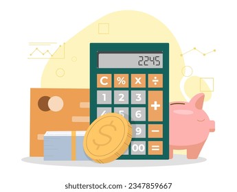 Concepto de informe financiero. Calculadora con banco de cerdos y moneda de oro. Pago y transacción, transferencia. Alfabetización financiera y contabilidad, presupuestación. Dibujo vectorial plano de dibujos animados