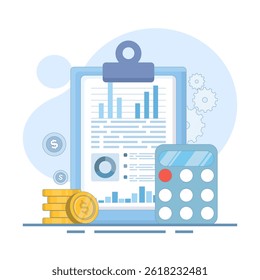 Financial Report Concept. Clipboard with Profit and Loss Report and Calculator. Report analysis, budget planning, bookkeeping operations, income statistics. Flat Design Illustration.