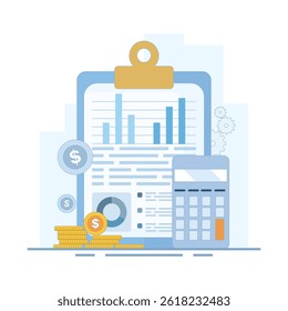 Conceito de Relatório Financeiro. Área de Transferência com Relatório de Lucros e Perdas e Calculadora. Análise de relatórios, planejamento de orçamento, operações contábeis, estatísticas de receita. Ilustração de design plano.