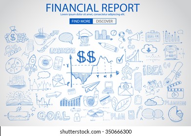 Financial Report concept with Doodle design style: online purchases, banking, money spending. Modern style illustration for web banners, brochure and flyers.