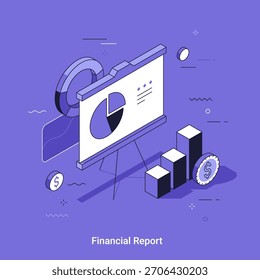 Concepto de informe financiero con tablero de presentación isométrica que muestra gráfico circular y gráfico de barras. Análisis de datos de inversión y estrategia de negocio. Ilustración vectorial