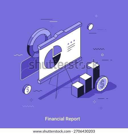 Financial report concept with isometric presentation board showing pie chart and bar graph. Investment data analysis and business strategy. Vector illustration