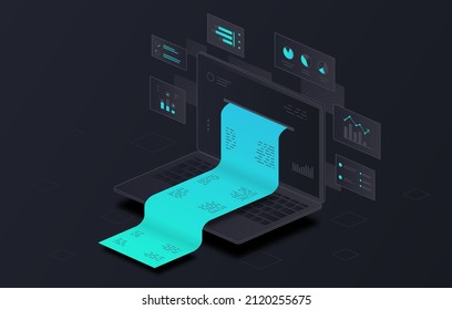 Concepto de informe financiero. Tecnologías modernas y trabajo con la información. Documentos e intercambio de conocimientos. Procesamiento de estadísticas, análisis. Dispositivos de impresión o gadgets. Isometric vector ilustración