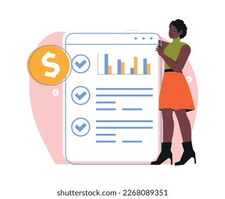 Concepto de informe financiero. Analista financiero o contable joven sonriente analiza el presupuesto de la empresa. Gestión del dinero. Lista y estadísticas de ingresos o beneficios. Dibujo vectorial plano de dibujos animados