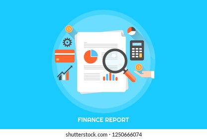 Informe financiero, documento, contabilidad, análisis, banner vectorial plano de datos empresariales con iconos y textos