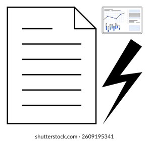 Financial report document, data analysis chart with graphs, lightning bolt symbolizing urgency. Ideal for financial updates, urgent reports, business presentations, stock market analysis, performance
