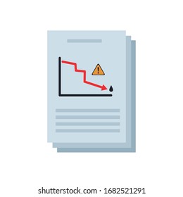 financial report document with decreased result and warning sign icon over white background, flat style, vector illustration