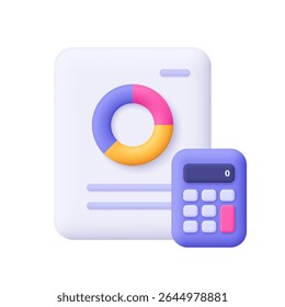 Financial report document with diagram pie chart and a calculator. Business finance report, data analysis, financial planning concept. 3d vector icon. Cartoon minimal style.