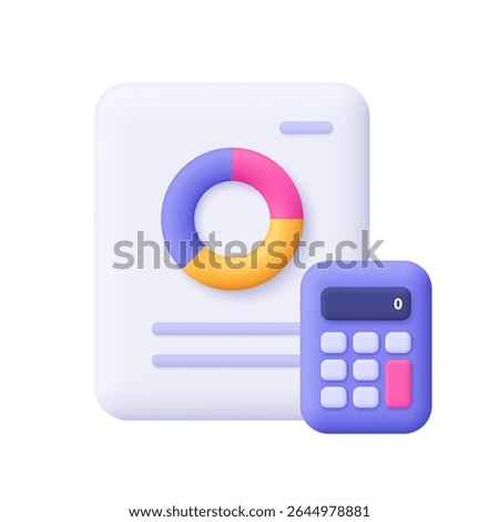 Financial report document with diagram pie chart and a calculator. Business finance report, data analysis, financial planning concept. 3d vector icon. Cartoon minimal style.