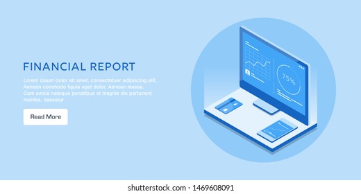 Financial report, Finance growth, analysis of financial data, isometric vector banner isolated on blue background