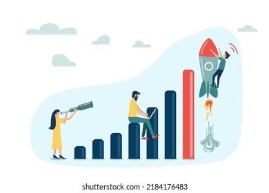 Financial report graph with exponential arrow from flying rocket. Exponential growth or compound interest, investment, wealth or earning rising up graph, business sales or profit increase concept.