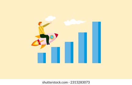financial report graph with exponential arrow from flying rocket. vector illustration